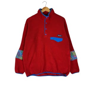 Patagonia Synchilla Fleece Sweatshirt Snap Button Mountain Single Pocket Red Colour Sweater Size Medium
