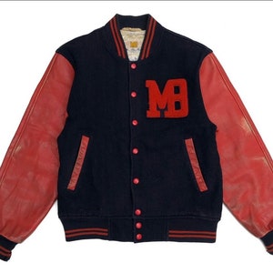 Chaqueta universitaria vintage MACBETH de los años 90 con letras MB, de dos tonos, de piel y lana, talla grande, apta para talla mediana
