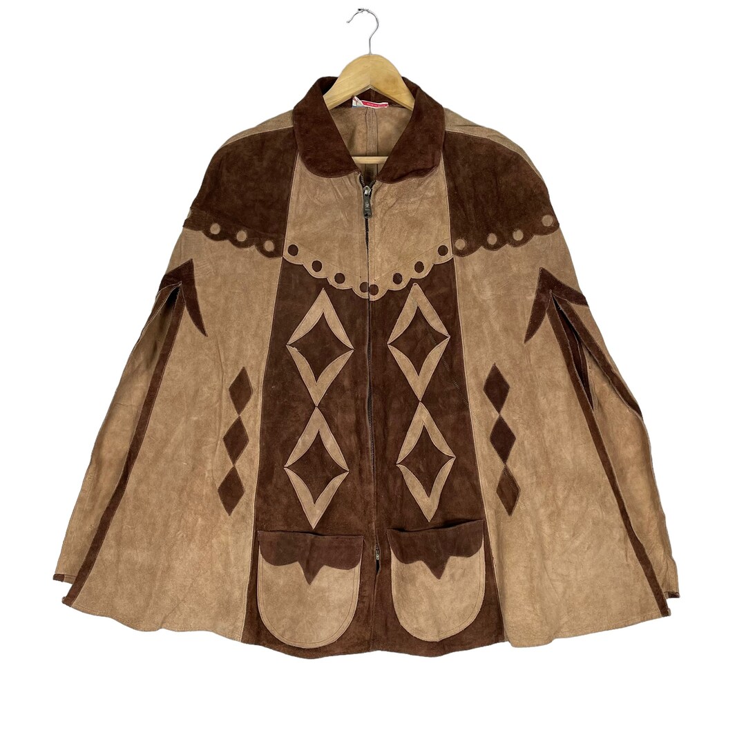 Vintage 60s Two Tone Suede Leather Hippie Poncho Cape Coat
