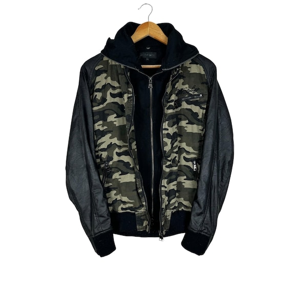 In the Attic Camo Synthetic Leather Hoodie: Gothic Punk Jacket