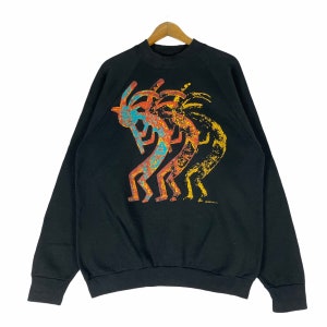Vintage 90s Kokopelli Native Tribal Sweatshirt Art Design Rasta Reggae Crewneck Black Colour Size Xlarge