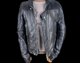 EKAM High Neck Asymmetric Sheepskin Leather Bikers Jacket, Slim Fit, Size (S)