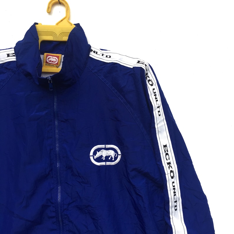Rare! ECKO Jacket Side Tape Ecko Unltd Small Logo Spell Out Hip Hop Zipper Jacket Long Sleeve Sweater Size XLarge
