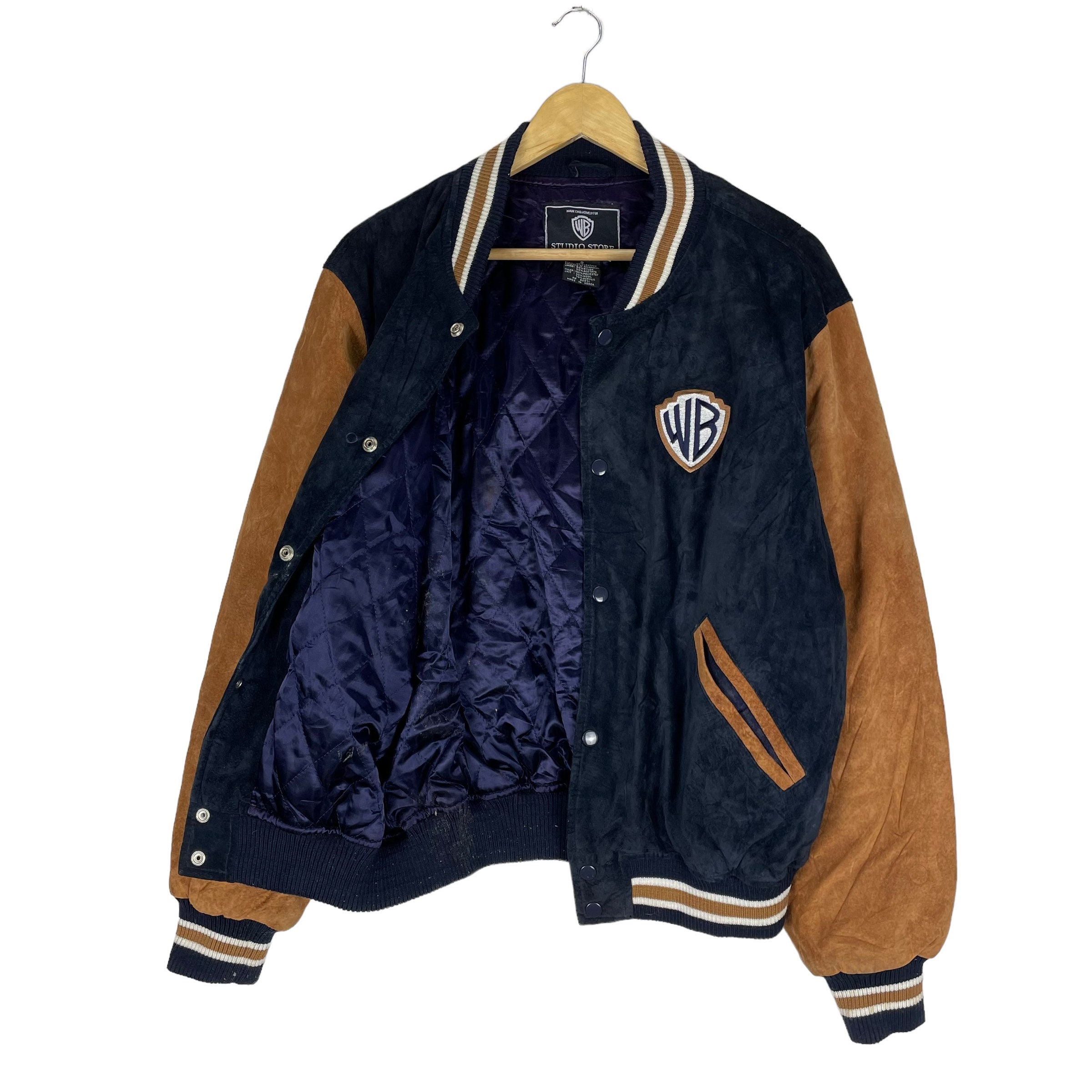 Vintage 90s Warner Bros Pig Skin Leather Varsity Jacket Bomber