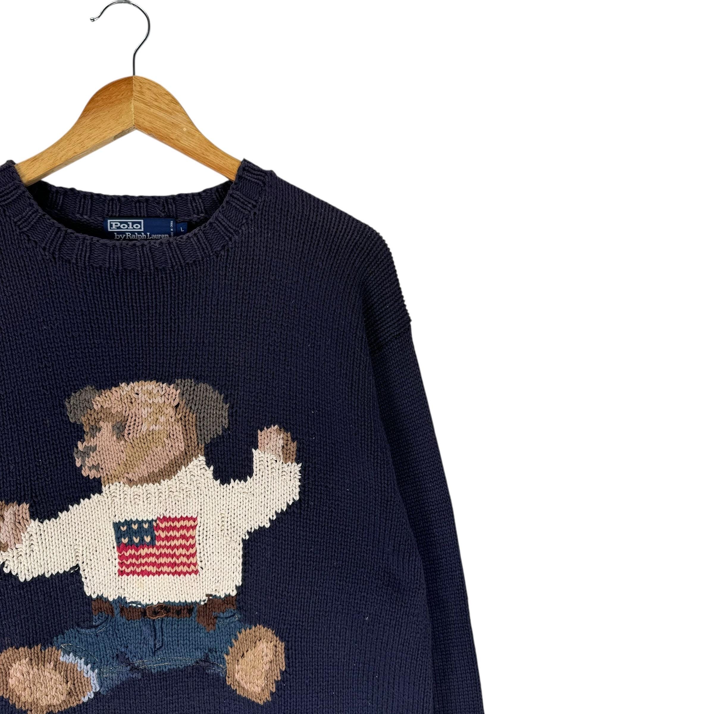 Vintage 90s Polo Ralph Lauren Bear Knitwear Hand Knit Sweater Navy