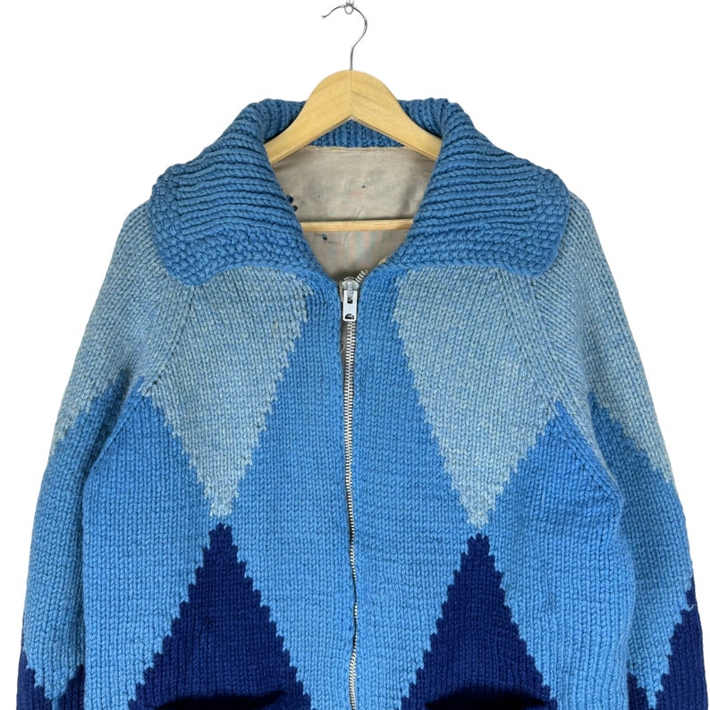 Vintage 70s Wool Cowichan Cardigan: Diamond Pattern Knit Ski Sweater image 2