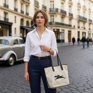 May include: A woman in a white button-down shirt and navy blue pants carries a cream-colored tote bag with a black equestrian logo. The bag has black handles and trim. She wears a black belt, gold jewelry, and a watch. The background shows a European street.