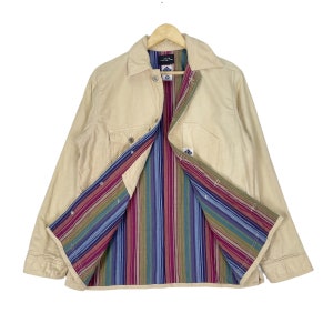 Puede incluir: Una chaqueta de pana beige con forro a rayas. El forro está hecho de una tela colorida con rayas de color rosa, azul, verde y amarillo. La chaqueta tiene cierre de botones y dos bolsillos en la parte delantera.