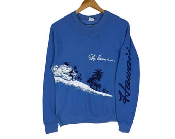 Felpa vintage anni '80 Ski Hawaii Crazy Shirts: girocollo blu, taglia media