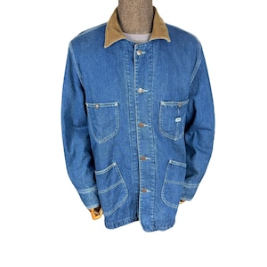 Vintage 90s Lee Corduroy Collar Denim Workwear Jeans Jacket Blue Colour Size Large