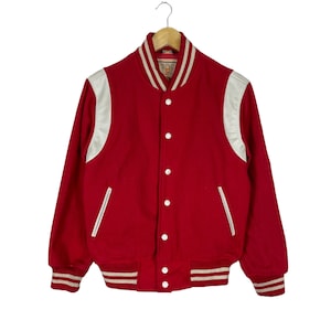 Vintage 90s Pole Position Part Leather Varsity Jacket Red Colour Size Medium Fit To Small