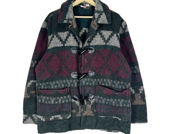 May include: A dark green, burgundy, and gray patterned wool jacket with a toggle closure and two large pockets.