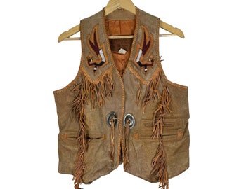 Mealey’s Pitic Leather Arturo Fringe Western Native Vest Brown Colour Size Small