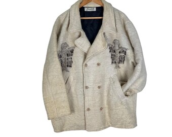 Vintage Jrzabella Guatemala Handwoven Wool Coat Jacket Thunderbird Pattern Double Breasted Cream Heavy Wool