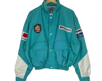 Vintage 80s Nisseki Racing Team Motorsport Bomber Jacket Green Colour Size Large