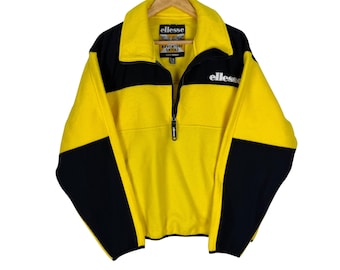 Vintage 90s Ellesse Fleece Jacket Half Zip Yellow Black Ski Wear Goldwin Streetwear Outdoor