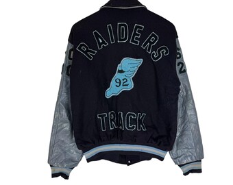 Vintage 90s Hewitt Mfg Raiders Track Letterman Jacket Wool Leather Sleeves (M)