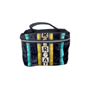 May include: Black velvet cosmetic bag with a top handle and a silver zipper. The bag features vertical stripes of teal and gold fabric with the word "ERGA" in white block letters.