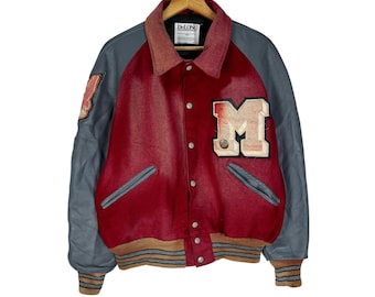 Chaqueta universitaria de cuero vintage Delong Sun Faded con M mayúscula y Letterman, años 90, talla mediana
