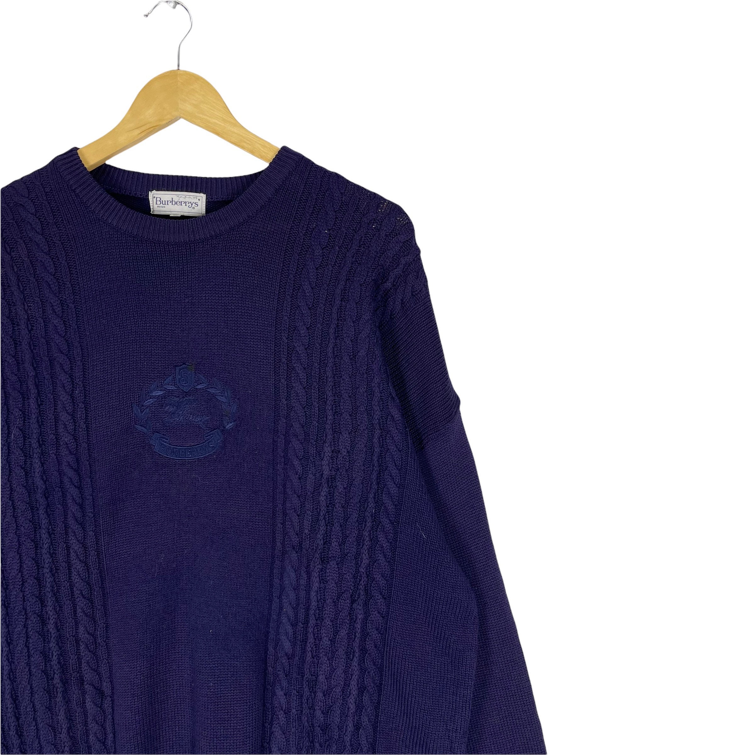 Vintage Burberrys Wool Cable Knit Sweater - Navy Blue Center Logo 