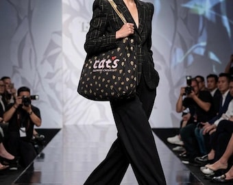 Tsumori Chisato Japan Tote Bag, Cute Cat Skull Canvas Purse, Designer Tote Bag with Gold Handles, Kawaii Harajuku Fashion Bag
