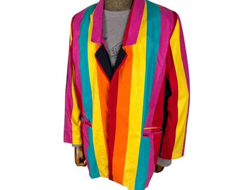 Vintage 80s Colours Striped Rainbow Colourway Blazer Coat Size Medium