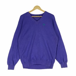 Fred Perry Sweatshirt V Neck Small Logo Long Sleeve Crewneck Purple Colour Size Large
