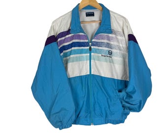 Vintage 90s Sergio Tacchini Tracktop Blue White Striped Windbreaker Jacket Retro Athletic Apparel
