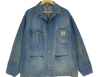 Vintage 90s Carhartt Chore Denim Jacket Workwear Jeans Faded