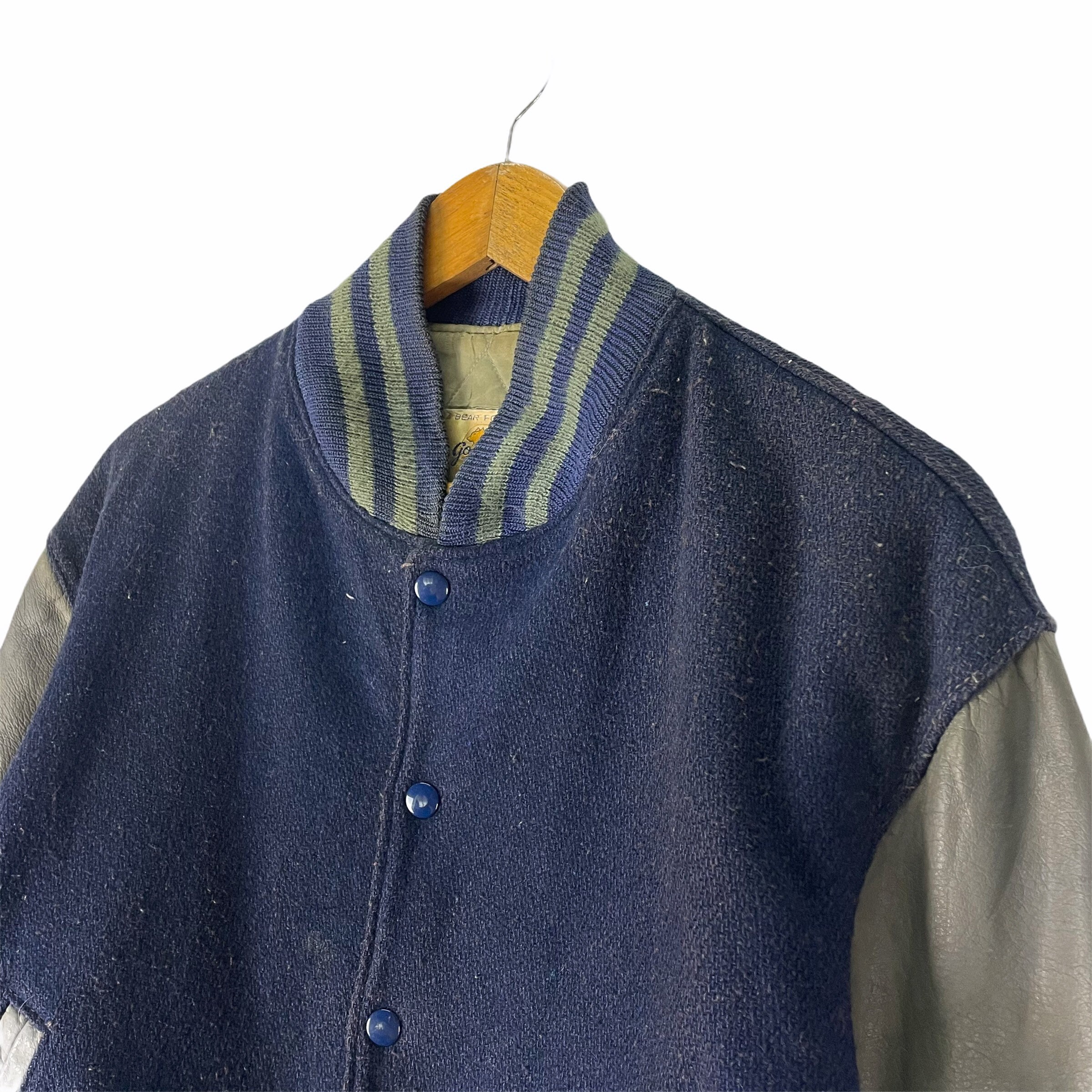 Vintage GOLDEN BEAR Varsity Leather Jacket Navy Blue Button
