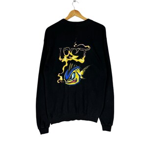 May include: Black sweatshirt with a yellow and blue cartoon fish graphic and the word "Lost" in yellow flames.