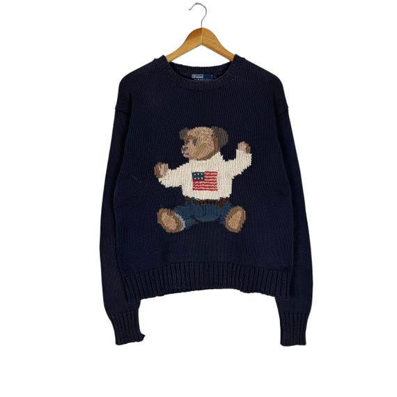 Vintage 90s Polo Ralph Lauren Bear Knitwear Hand Knit Sweater Navy