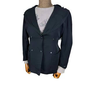 Vintage 90er Jahre THIERRY MUGLER Hoodie Zweireiher Knopf Wolle Jacke Schwarz Farbe Mäntel Modedesigner Größe Medium