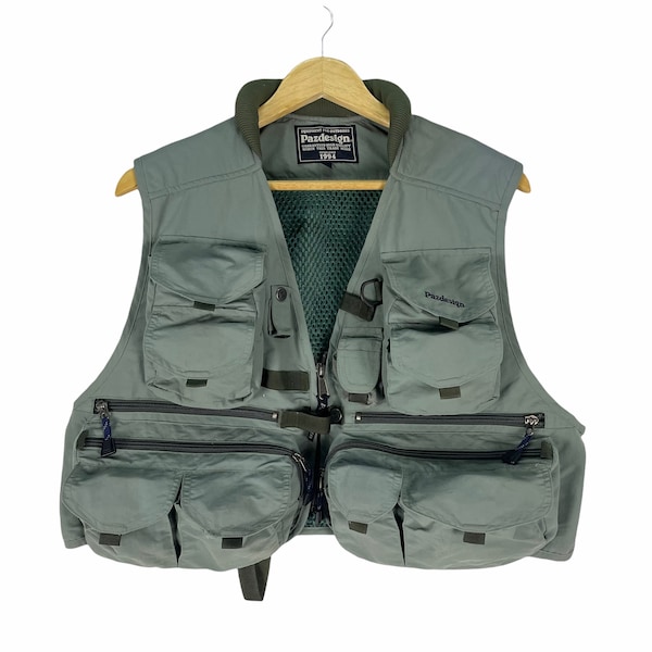 Vintage 90s Pazdesign Multi Pocket Tactical Vest Fishing Gear Parachute Green Colour Size Large