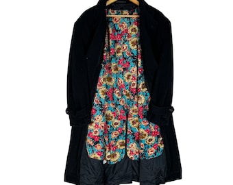 Abrigo de lana vintage de COMME Des GARCONS: forro floral, diseñador japonés (talla mediana).
