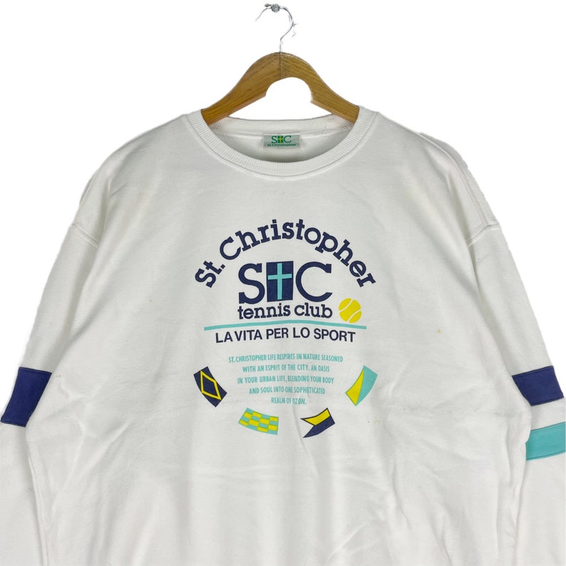 Vintage 90s St Christopher Sweatshirt Tennis Club Team Sportswear Clothing Crewneck Pullover White Colour Size Large image 2