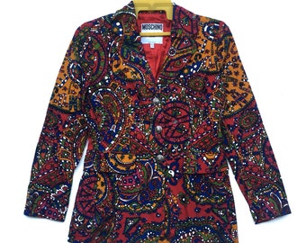 MOSCHINO jeansjack blazer bloemen bloem Moschino jas kleurrijk kunstontwerp gemaakt in Italië
