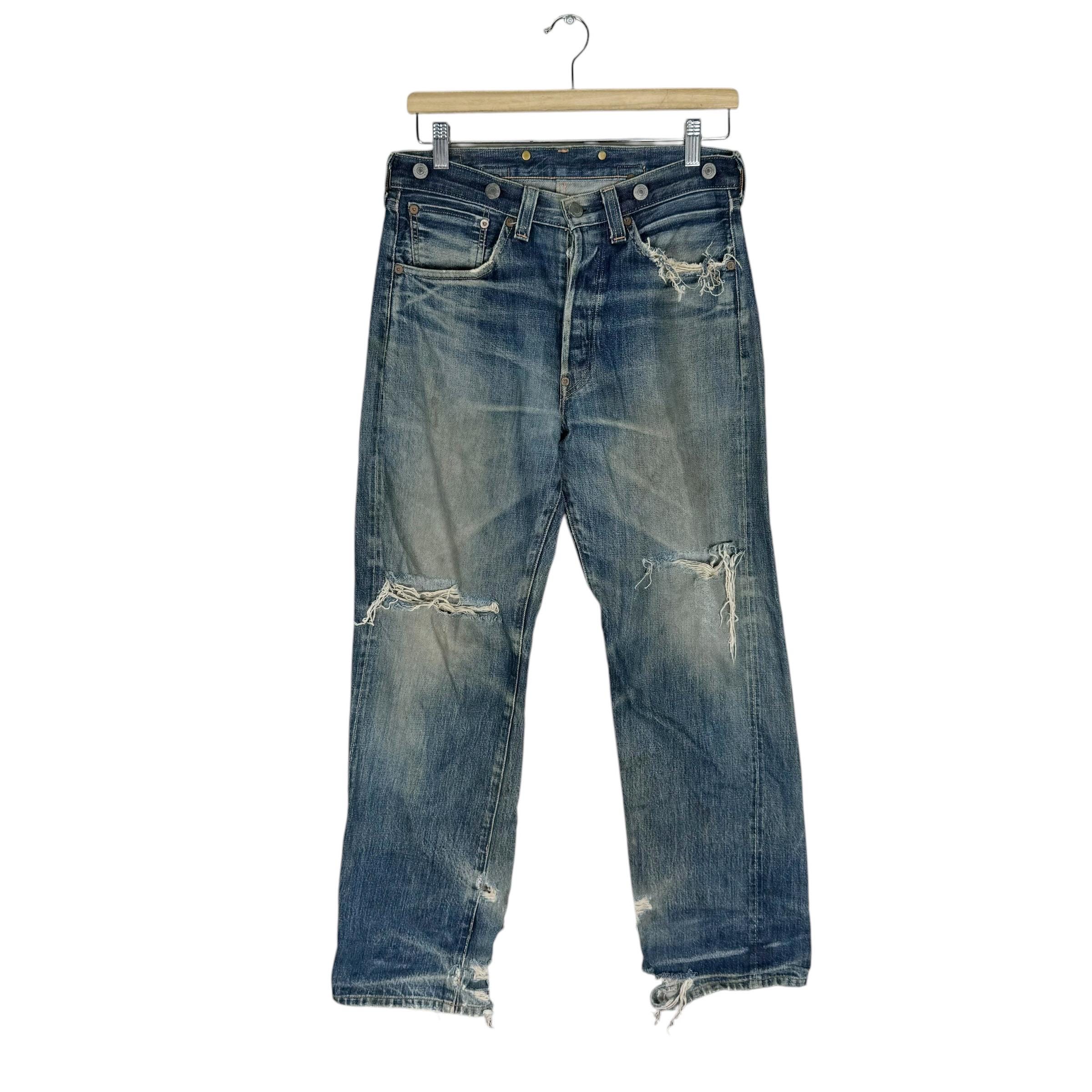 Vintage 80s Levi’s 501 XX Lot 33501 Buckle Back Button Distressed Denim Jeans Pants Blue Colour Size 30