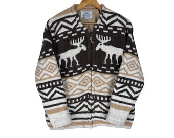 Chaqueta vintage de los 90 de forro polar balístico con estampado geométrico abstracto de alce - Talla M