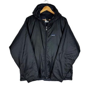 Vintage 90s PATAGONIA Light Puffer Zipper Hoodie Jacket Black Colour Mountain Size Large