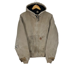Vintage 90s Carhartt Distressed Very Worm Duck Canvas Hoodie Jacket Workwear Brown Colour Streetwear Size Large