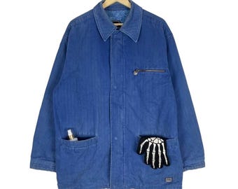 Vintage jaren 80 Versace Jeans Couture HBT Chore Medusa Zipper Jacket Navy Kleur Maat Large