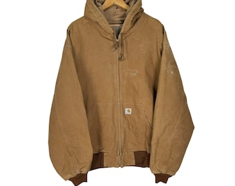 Vintage 90s Carhartt Chore Duck Canvas Hoodie Jacket Workwear Brown Colour Streetwear Size 4XLarge