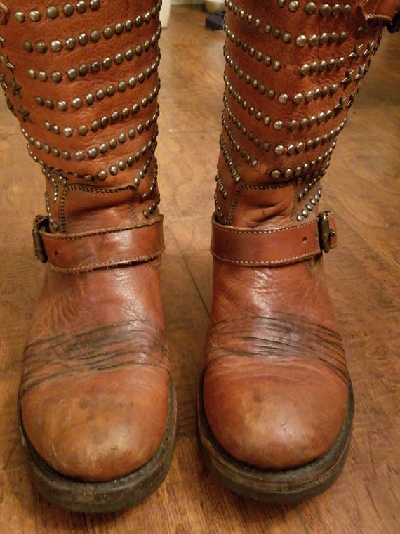 Vintage Ladies Rustic Studded Brown Leather Boots