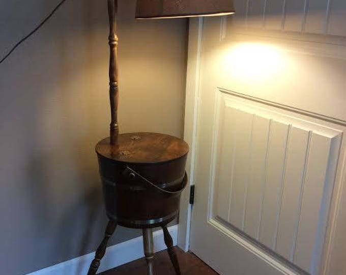 Vintage Mid Century Wood Bucket Sewing Table Lamp Bucket Table Sewing