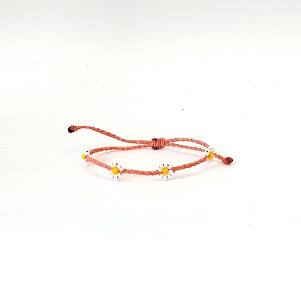Orange Daisy Braided Bracelet, Waterproof Wax Cord Flower Bracelet, Adjustable Sliding Knot Bracelet for Friend