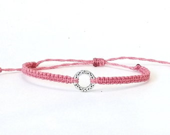 Pink Macrame Bracelet, Pewter Circle Charm,  Wax Cord Friendship Bracelet, Adjustable Sliding Knot