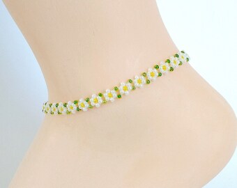 White Beaded Flower Anklet, Daisy Chain Seed Bead Ankle Bracelet, Floral Gift, 2" Extender Chain, Sizes 7" 8" 9" 10" 11", Sterling Available