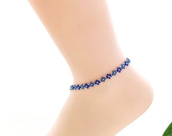 Blue Daisy Chain Anklet, Beaded Ankle Bracelet, Custom Seed Bead Anklet, 2" Extender Chain, Sizes 7" 8" 9" 10" 11", Sterling Available
