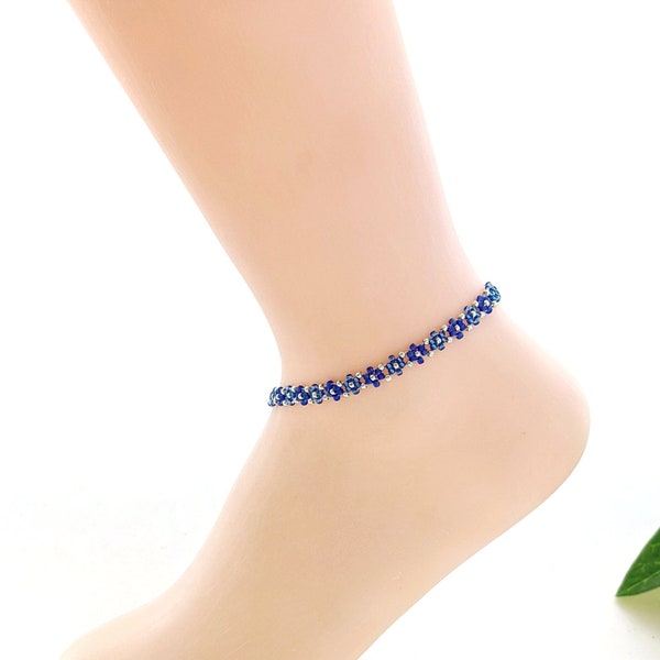 Blue Daisy Chain Anklet, Beaded Ankle Bracelet, Custom Seed Bead Anklet, 2" Extender Chain, Sizes 7" 8" 9" 10" 11", Sterling Available